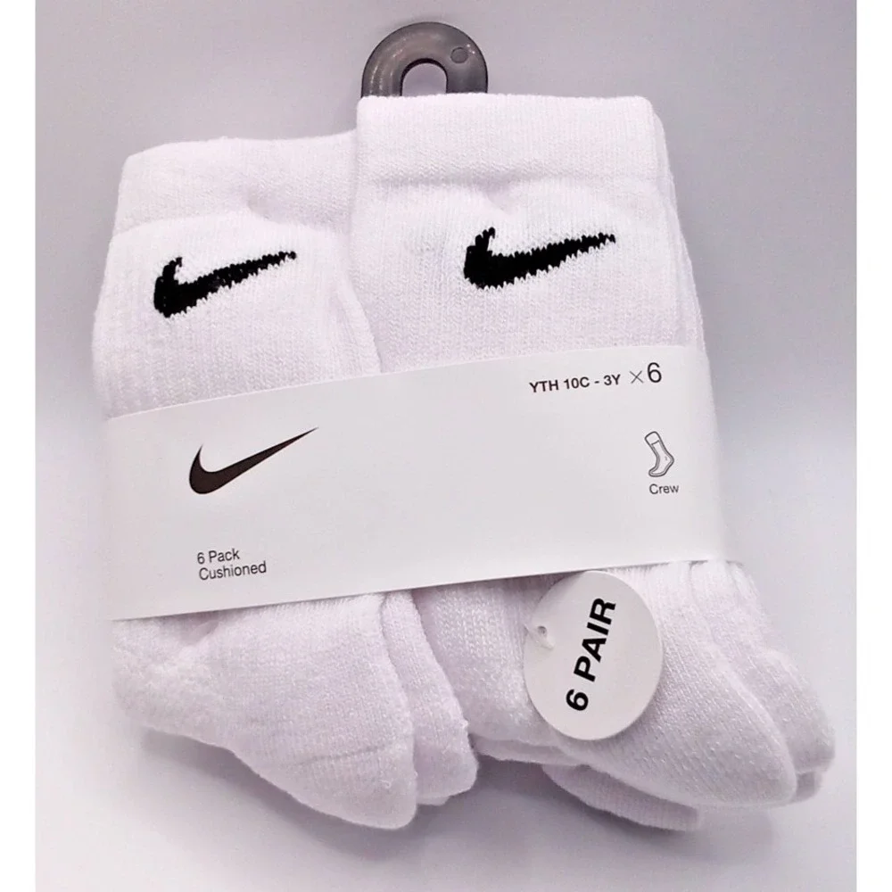 NIKE Kids Unisex Cushioned Crew Socks 6 Pairs White, YTH Shoe Size 10c-3y